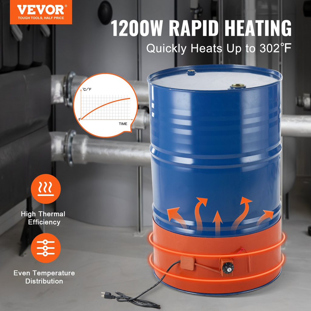 Calentador de bidón de metal VEVOR de 55 galones 1200 vatios ancho de 10 pulgadas ajustable entre 86 y 302 ℉