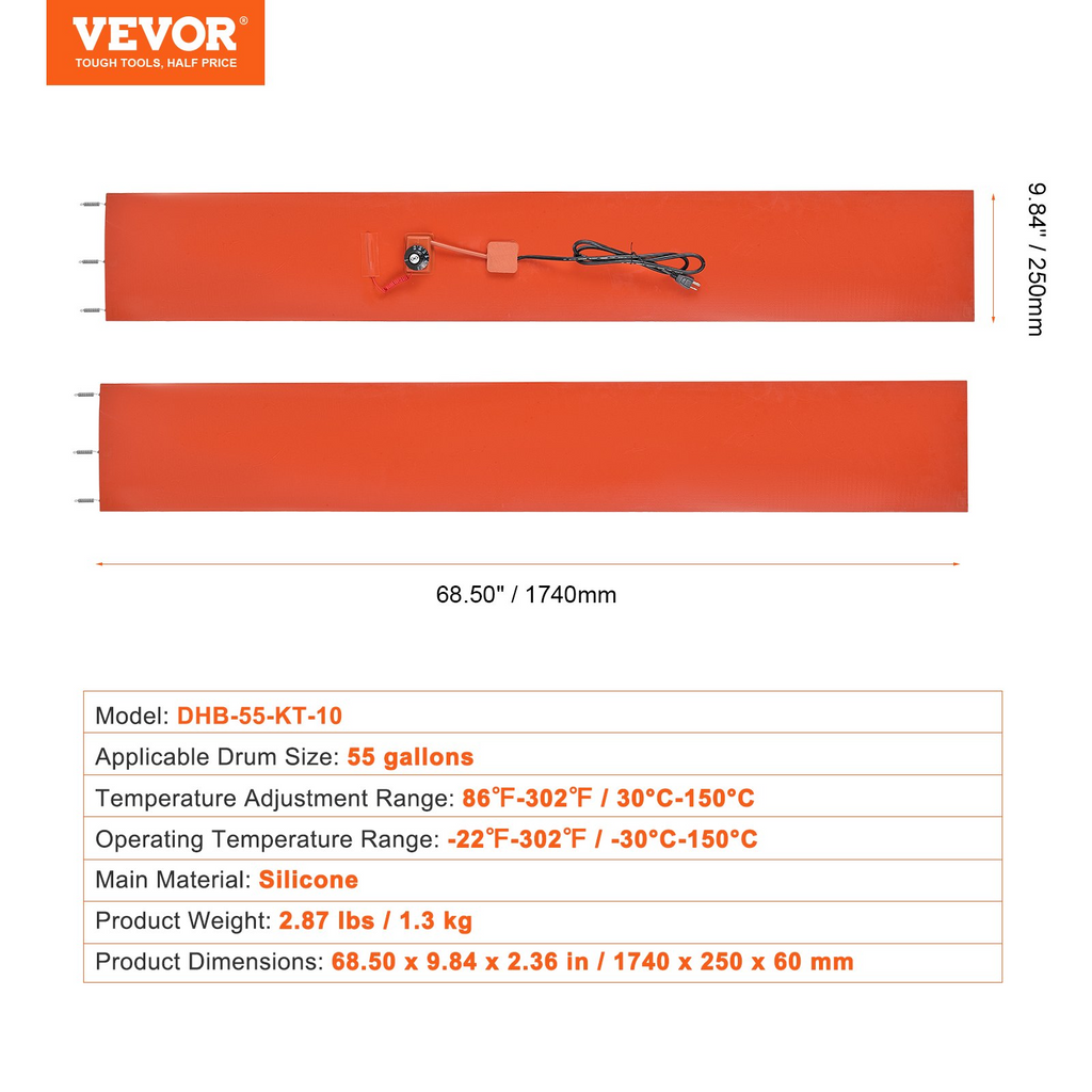 Calentador de bidón de metal VEVOR de 55 galones 1200 vatios ancho de 10 pulgadas ajustable entre 86 y 302 ℉