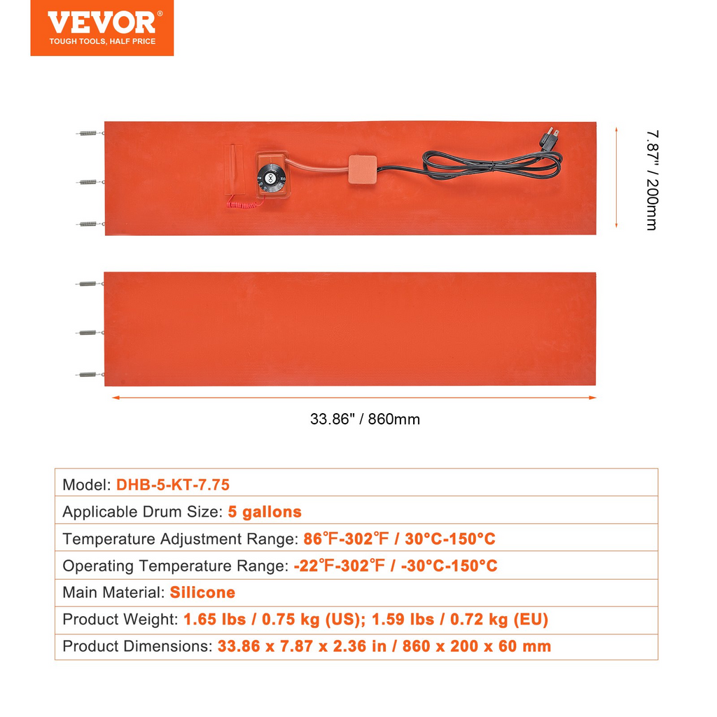 Calentador de bidón de metal VEVOR de 5 galones 800 vatios ancho de 7,75 pulgadas ajustable entre 86 y 302