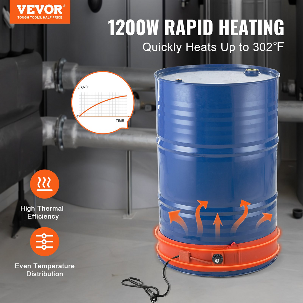 Calentador de bidón de metal VEVOR de 55 galones 1200 vatios ancho de 5 pulgadas 86-302 ℉ ajustable