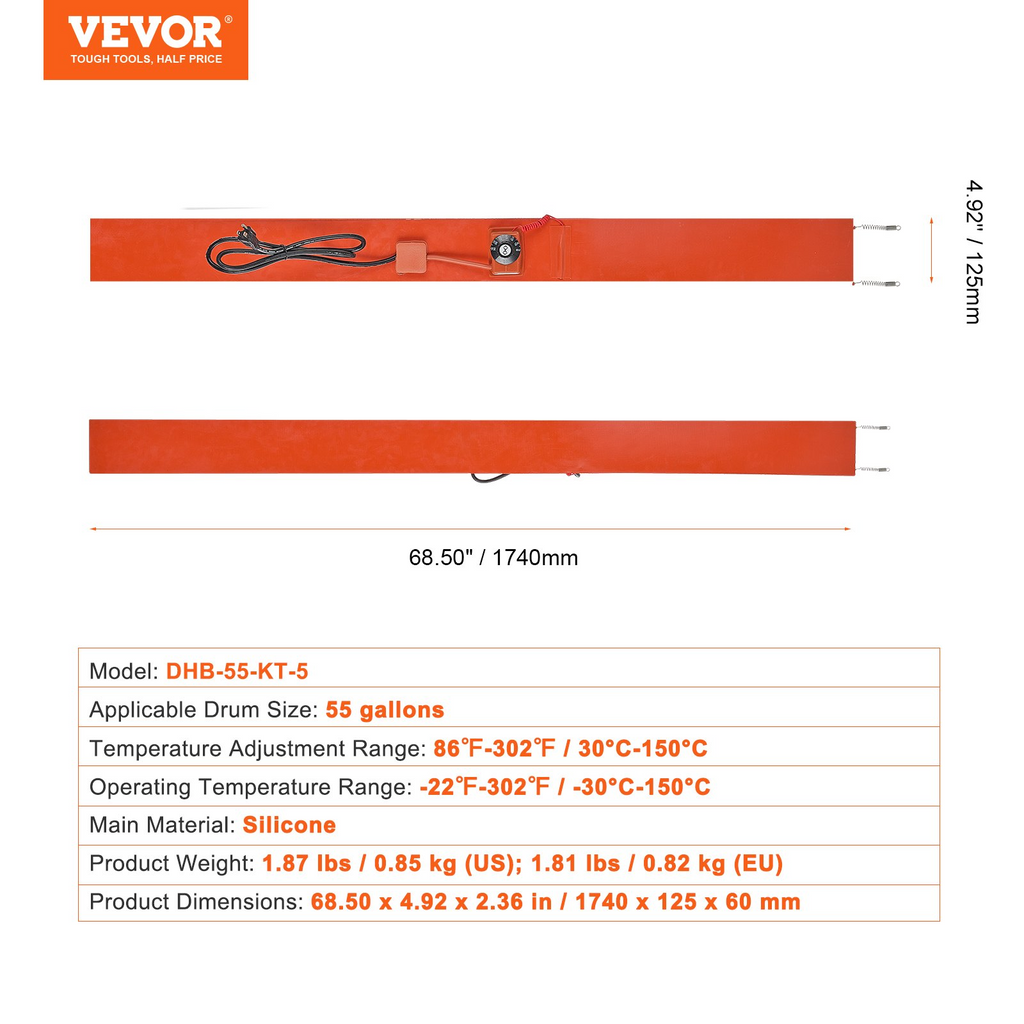 Calentador de bidón de metal VEVOR de 55 galones 1200 vatios ancho de 5 pulgadas 86-302 ℉ ajustable