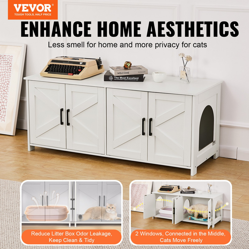 VEVOR Caja de arena para gatos de madera con 2 compartimentos ocultos color blanco