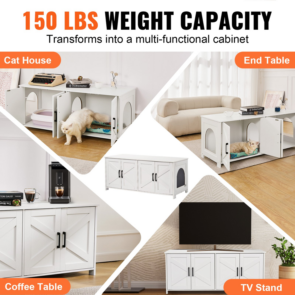 VEVOR Caja de arena para gatos de madera con 2 compartimentos ocultos color blanco