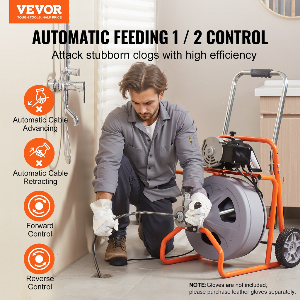 Desatascador de desagües VEVOR 100 pies x 1/2 pulgada alimentación automática y ruedas 8 cortadores