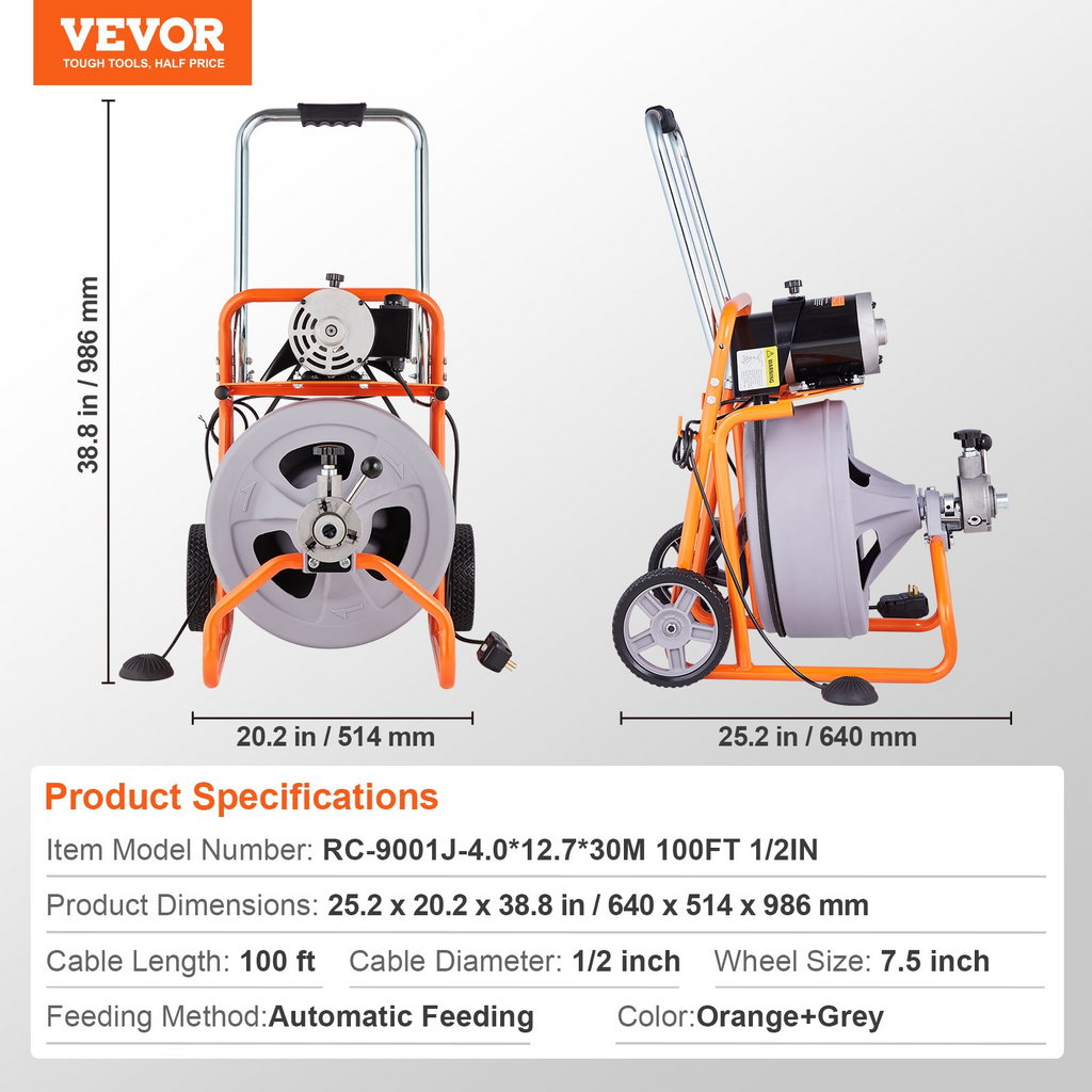 Desatascador de desagües VEVOR 100 pies x 1/2 pulgada alimentación automática y ruedas 8 cortadores
