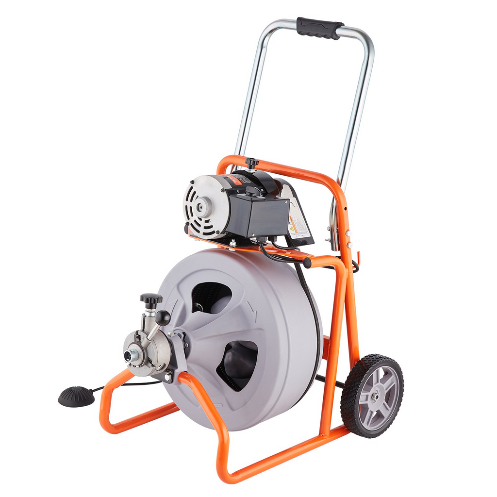 Desatascador de desagües VEVOR 100 pies x 1/2 pulgada alimentación automática y ruedas 8 cortadores