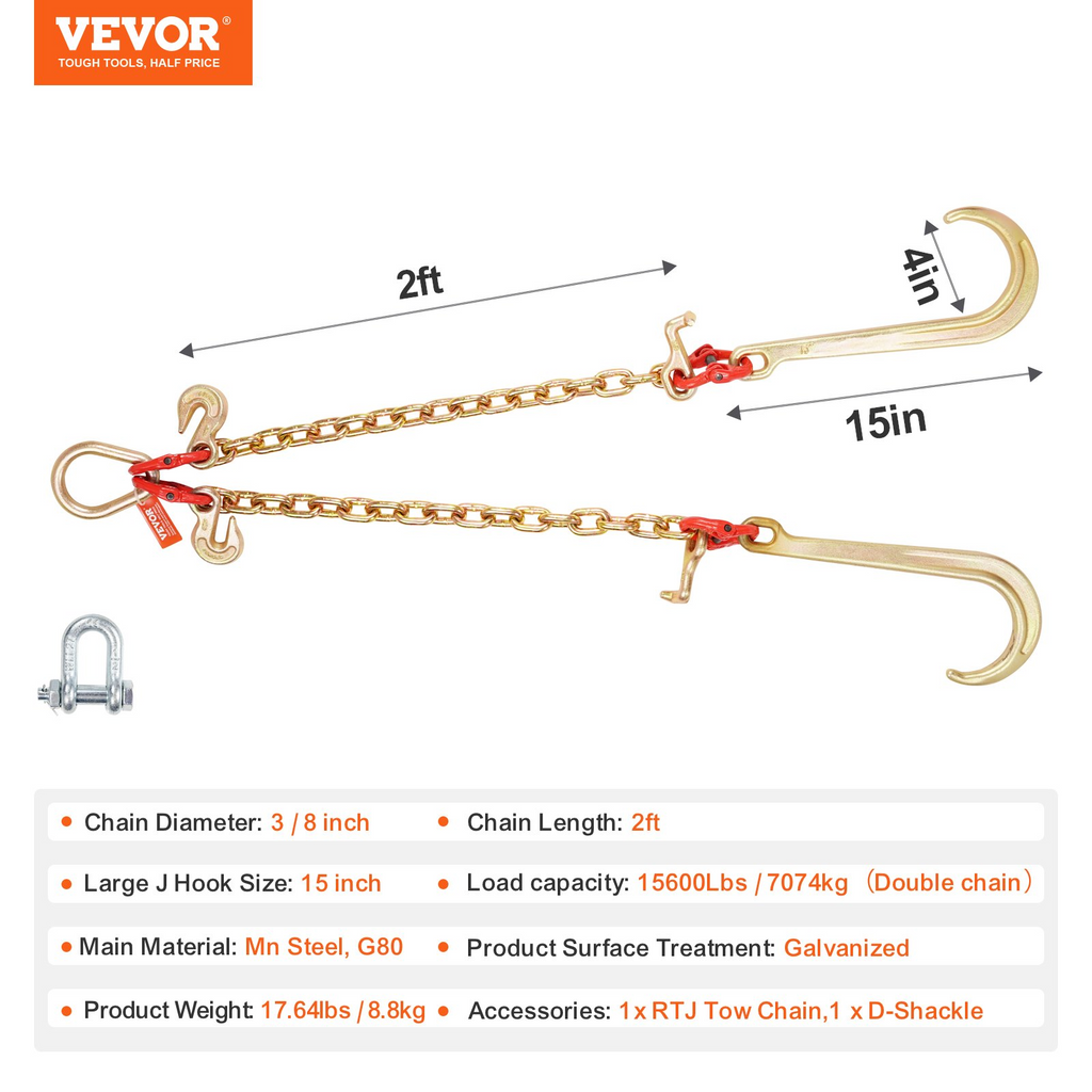 Cadena de remolque VEVOR de 3/8" x 2' G80 con gancho en J cadena en V brida y gancho en T para grúa de 15 600 lb