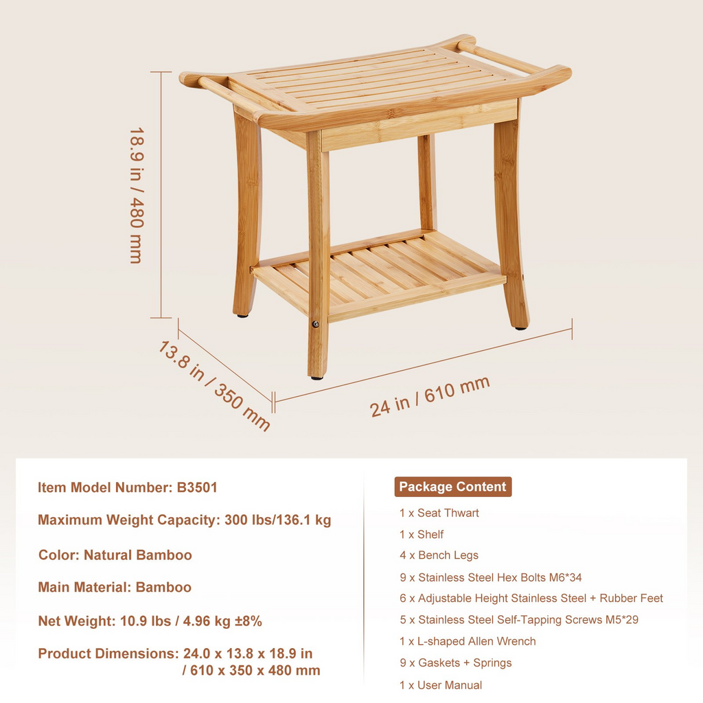 Banco de ducha de bambú VEVOR de 24 x 13,8 x 18,9 pulgadas