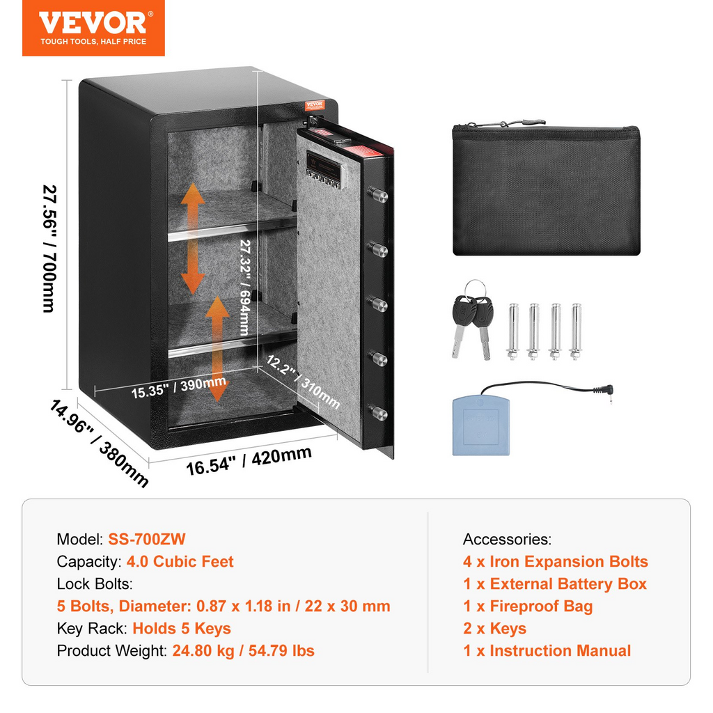 VEVOR Caja de seguridad de una puerta de 4.0 pies cúbicos con cerradura con llave