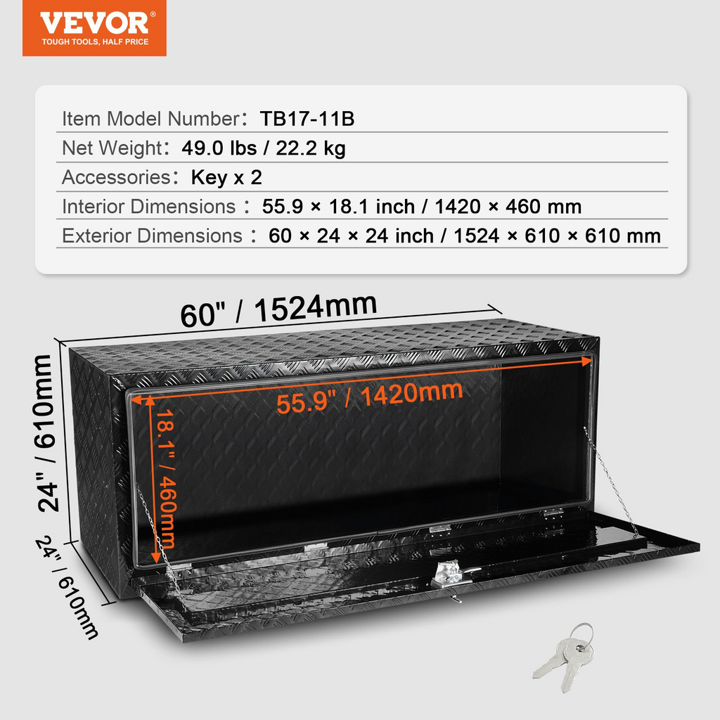 VEVOR Caja de herramientas de aluminio para debajo de la carrocería de camión 60" x 24" x 24"