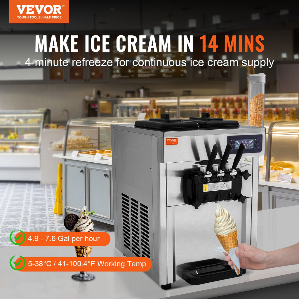 Máquina para hacer helados comerciales VEVOR rendimiento de 18-28 l/h de 1850 W 2 cilindros de acero inoxidable de 5,5 l