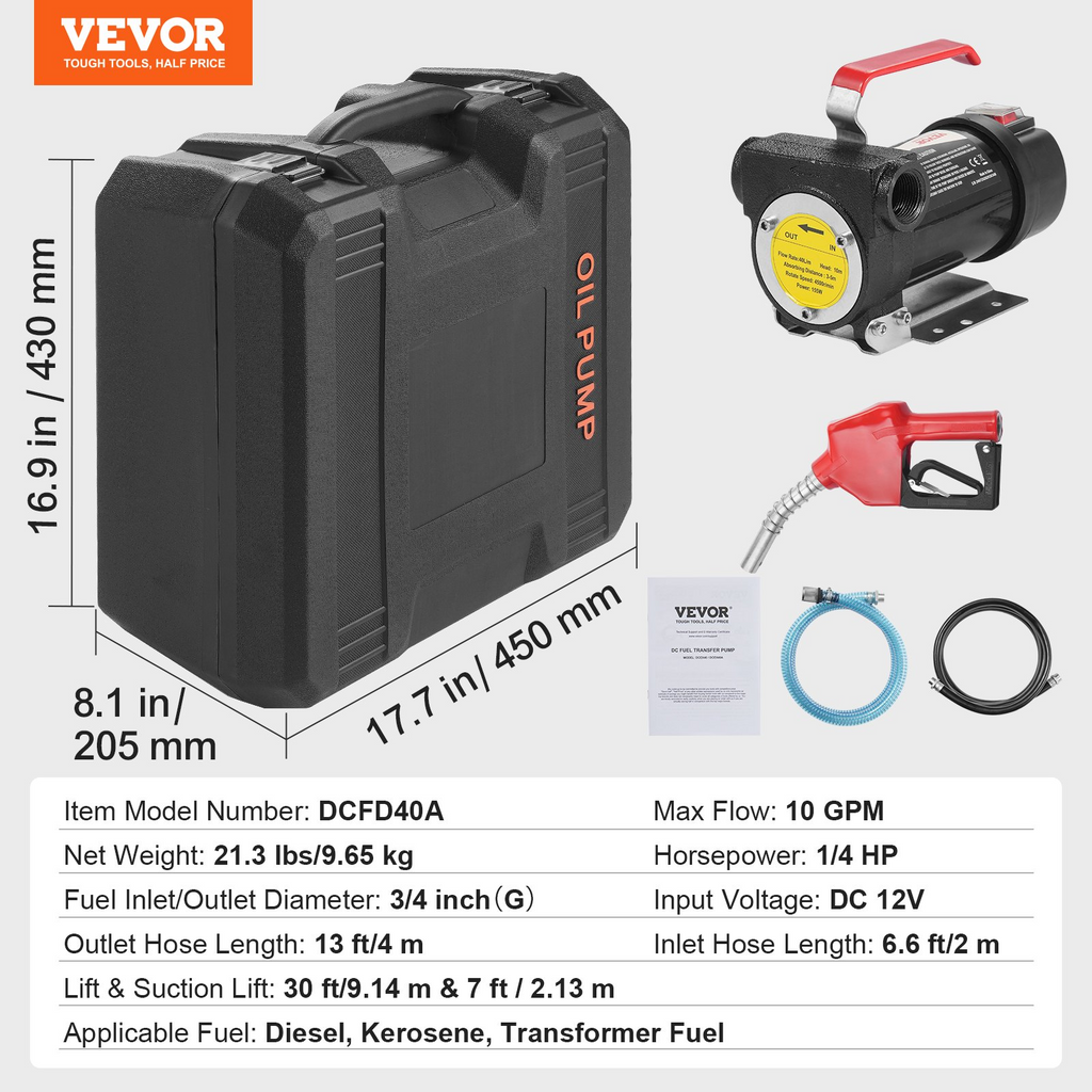 Bomba de transferencia de combustible VEVOR 12 V 10 GPM 1/4 HP