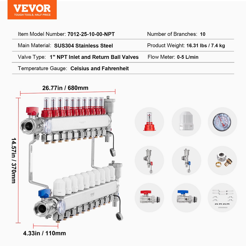 Colector de calefacción por suelo radiante de 10 derivaciones VEVOR con tubo PEX de 1/2"
