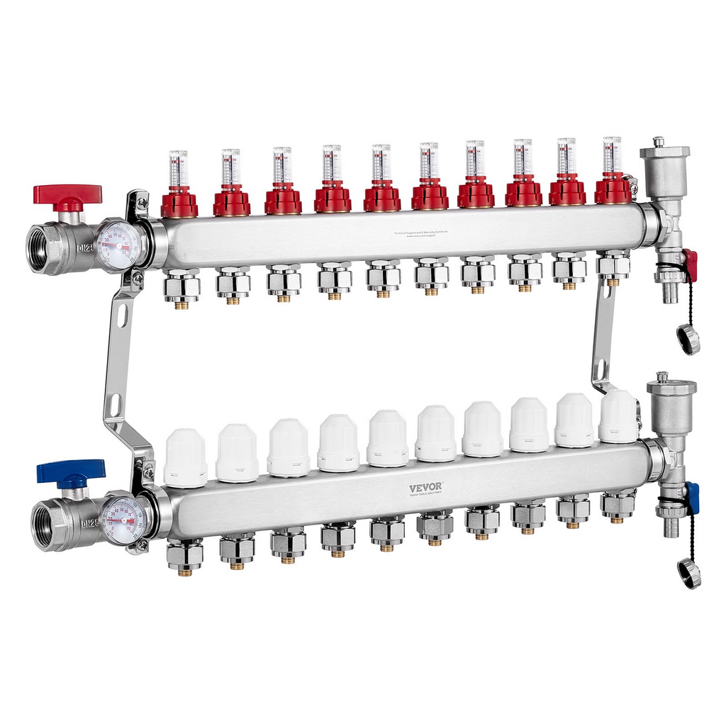 Colector de calefacción por suelo radiante de 10 derivaciones VEVOR con tubo PEX de 1/2"