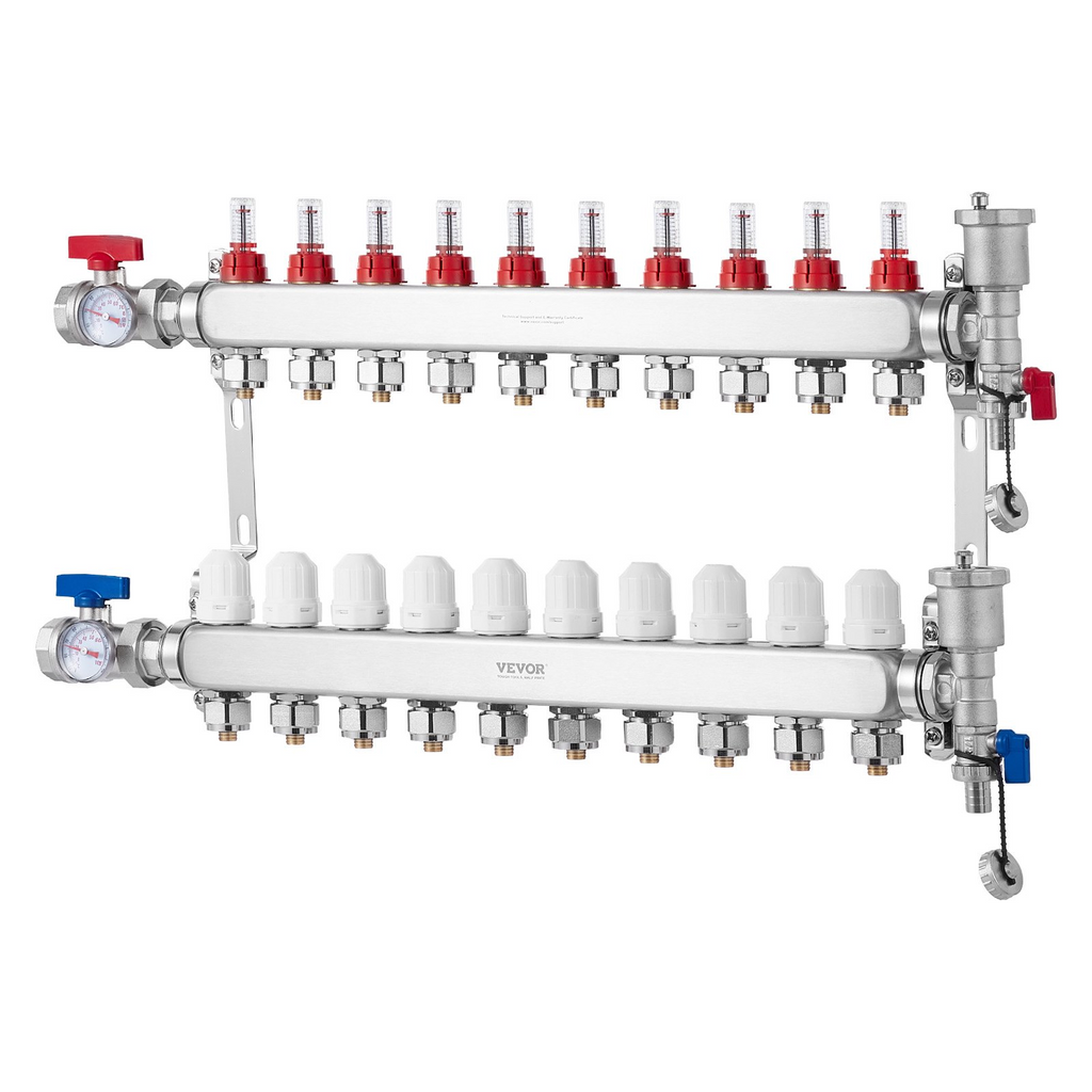 Colector de calefacción por suelo radiante de 10 derivaciones VEVOR con tubo PEX de 1/2"