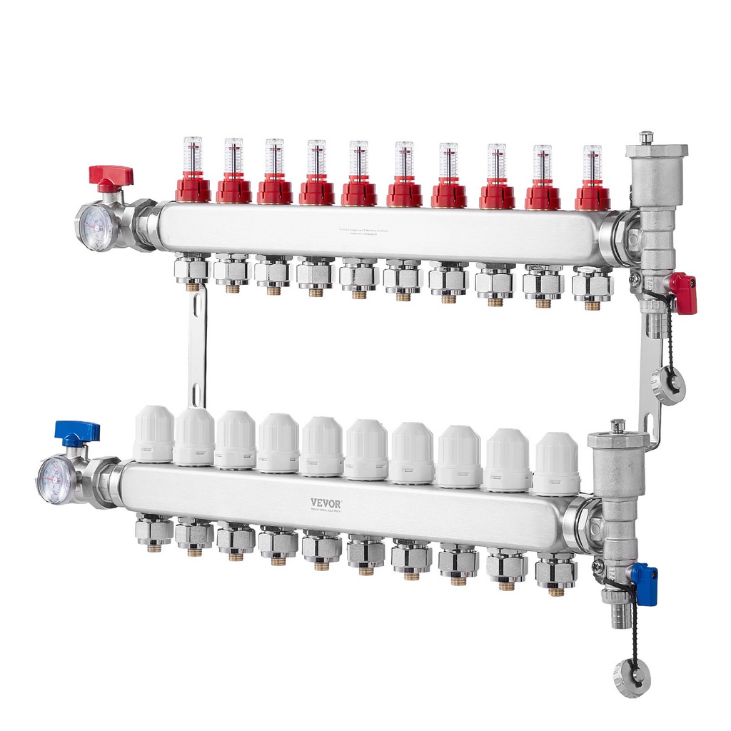 Colector de calefacción por suelo radiante de 10 derivaciones VEVOR con tubo PEX de 1/2"