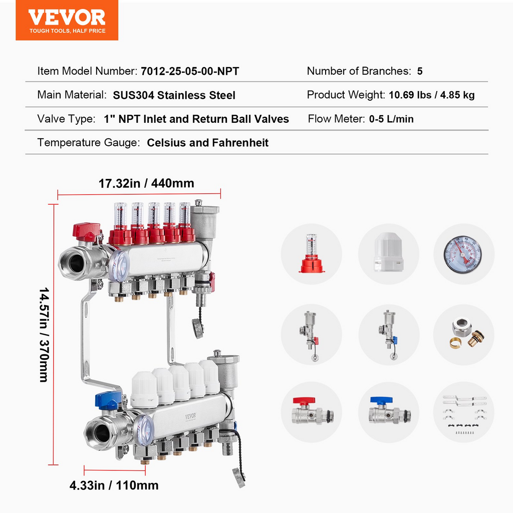 Colector de calefacción radiante de 5 derivaciones VEVOR