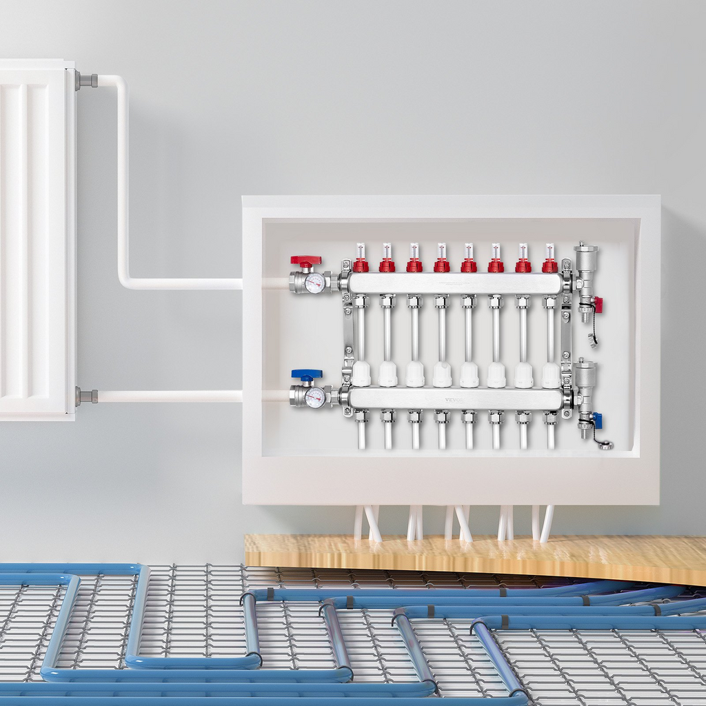 Colector de calefacción por suelo radiante de 8 derivaciones VEVOR con tubo PEX de 1/2"