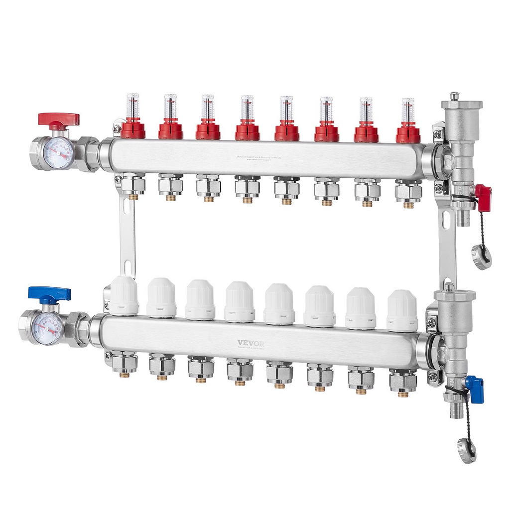 Colector de calefacción por suelo radiante de 8 derivaciones VEVOR con tubo PEX de 1/2"