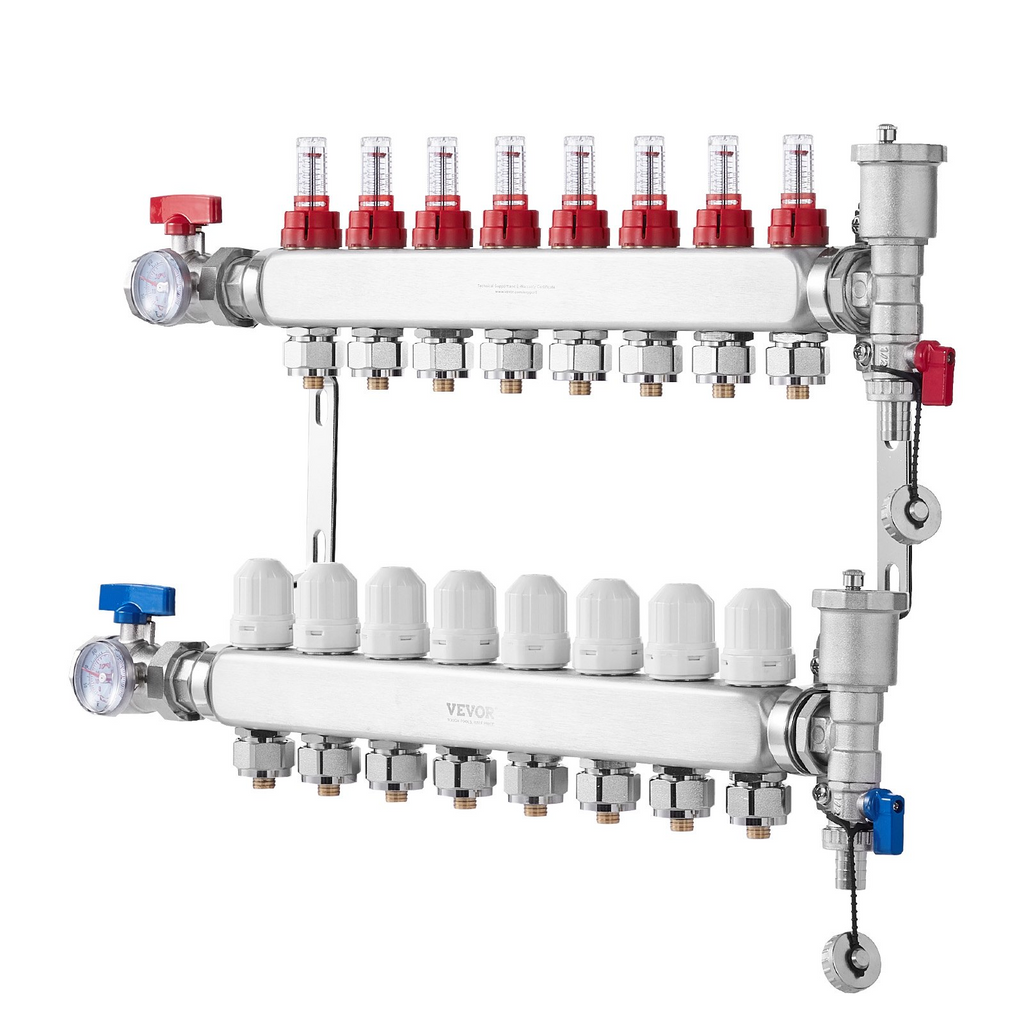 Colector de calefacción por suelo radiante de 8 derivaciones VEVOR con tubo PEX de 1/2"