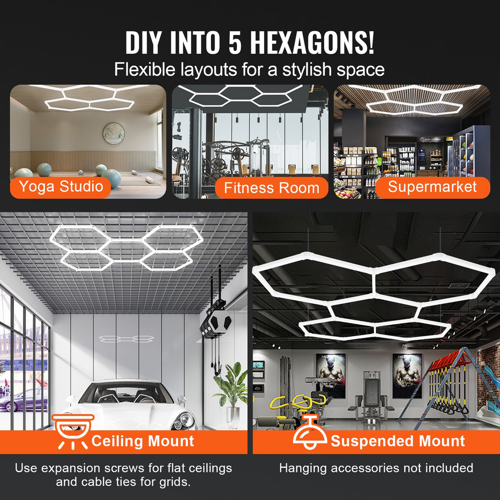 Luces de garaje hexagonales VEVOR 26400 lm 5 rejillas luz LED de techo para tienda con diseño de panal