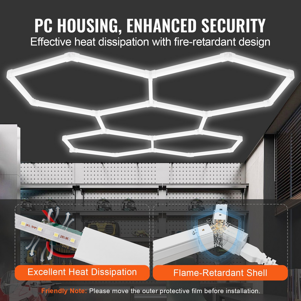Luces de garaje hexagonales VEVOR 26400 lm 5 rejillas luz LED de techo para tienda con diseño de panal