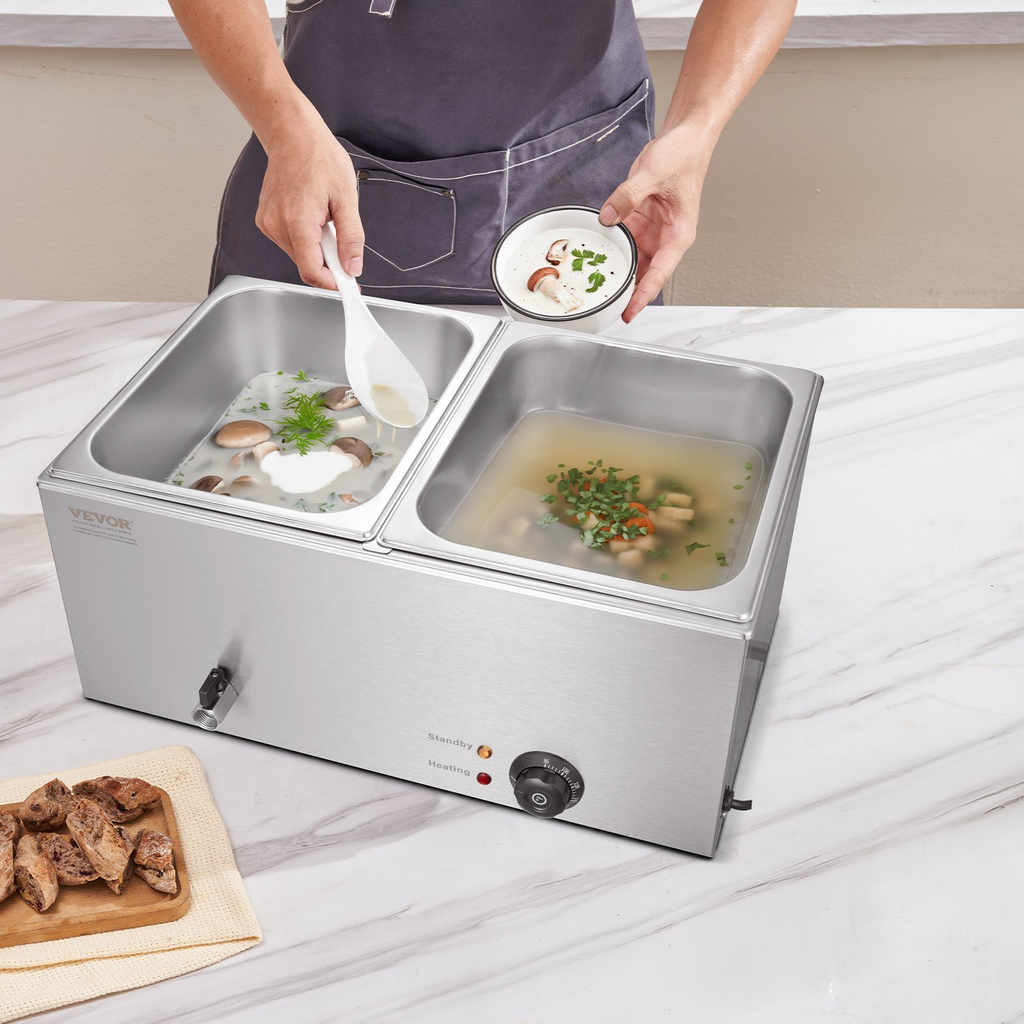 Calentador de alimentos eléctrico comercial VEVOR 2 sartenes 18 qt baño maría