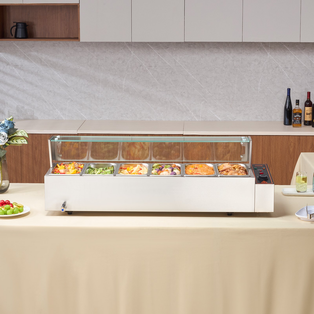 Calentador de alimentos eléctrico comercial VEVOR para mostrador tipo buffet de 6 x 5 cuartos con protector de vidrio