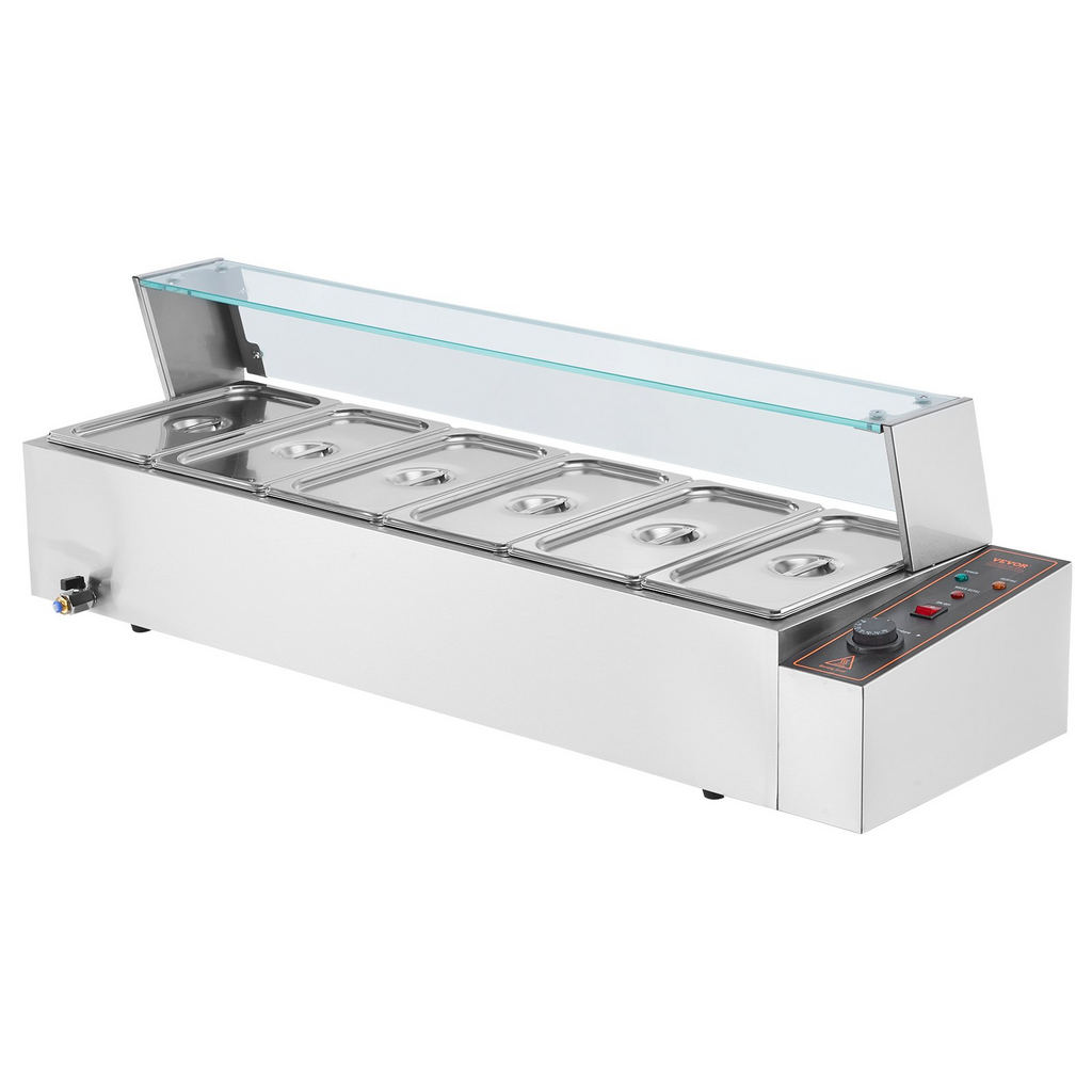 Calentador de alimentos eléctrico comercial VEVOR para mostrador tipo buffet de 6 x 5 cuartos con protector de vidrio