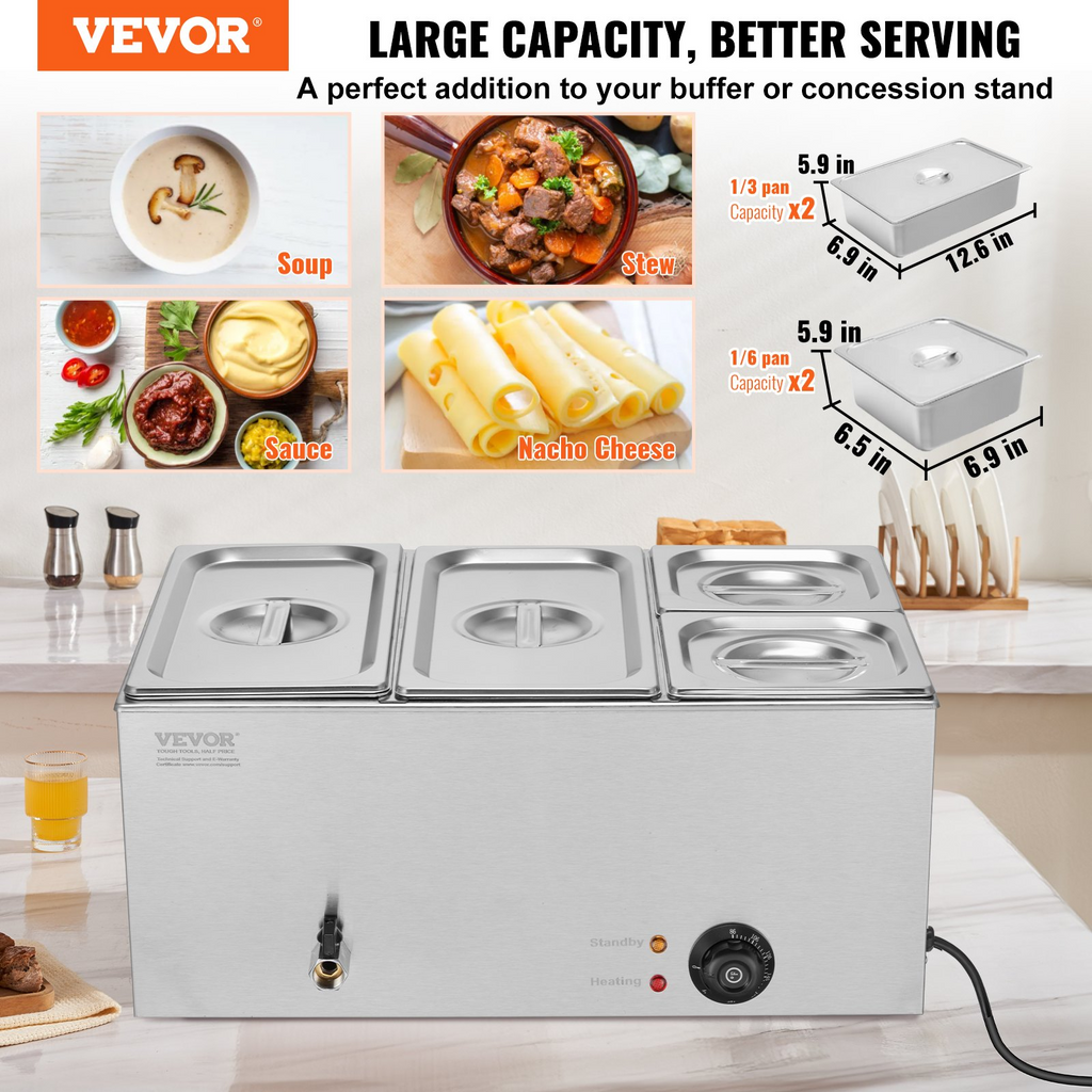Calentador de alimentos eléctrico comercial VEVOR 4 sartenes 16,4 qt baño maría