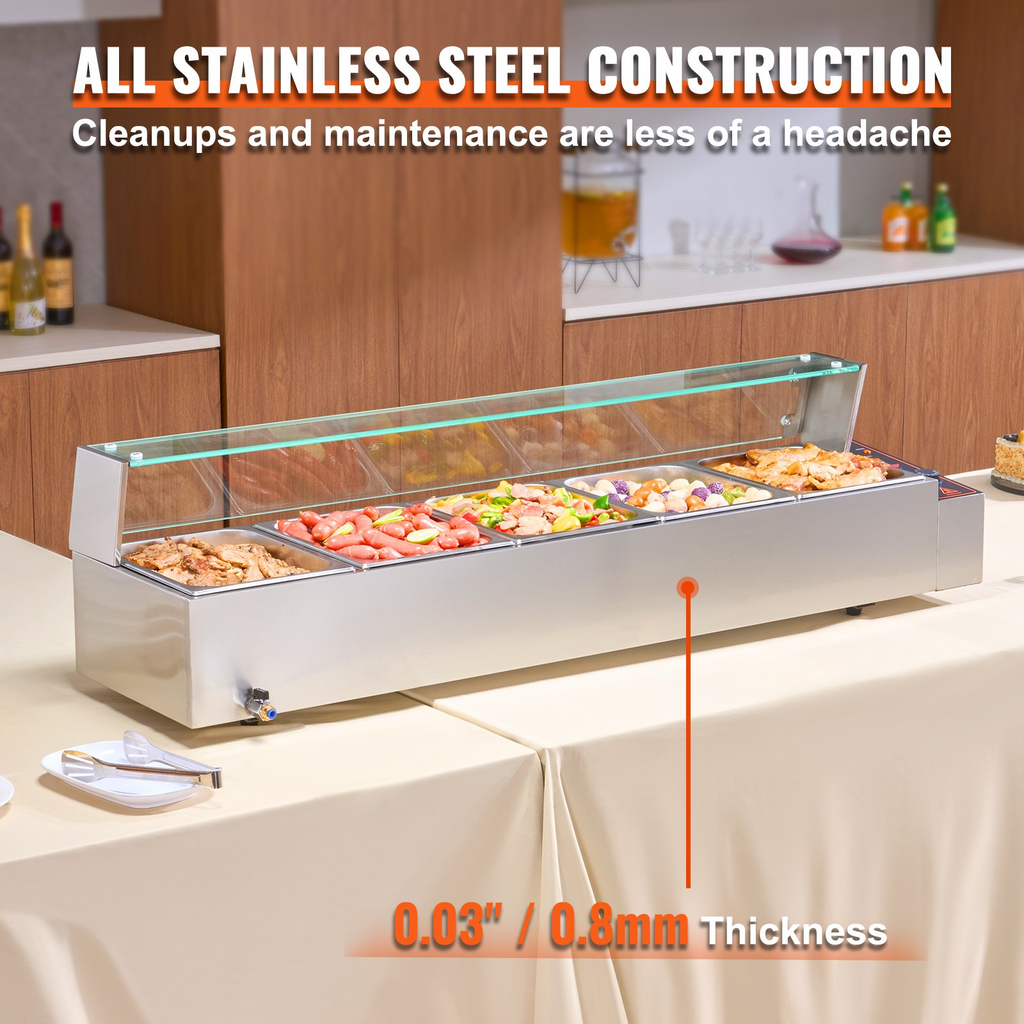 Calentador de alimentos eléctrico comercial VEVOR para mostrador tipo buffet de 5 x 8 cuartos con protector de vidrio