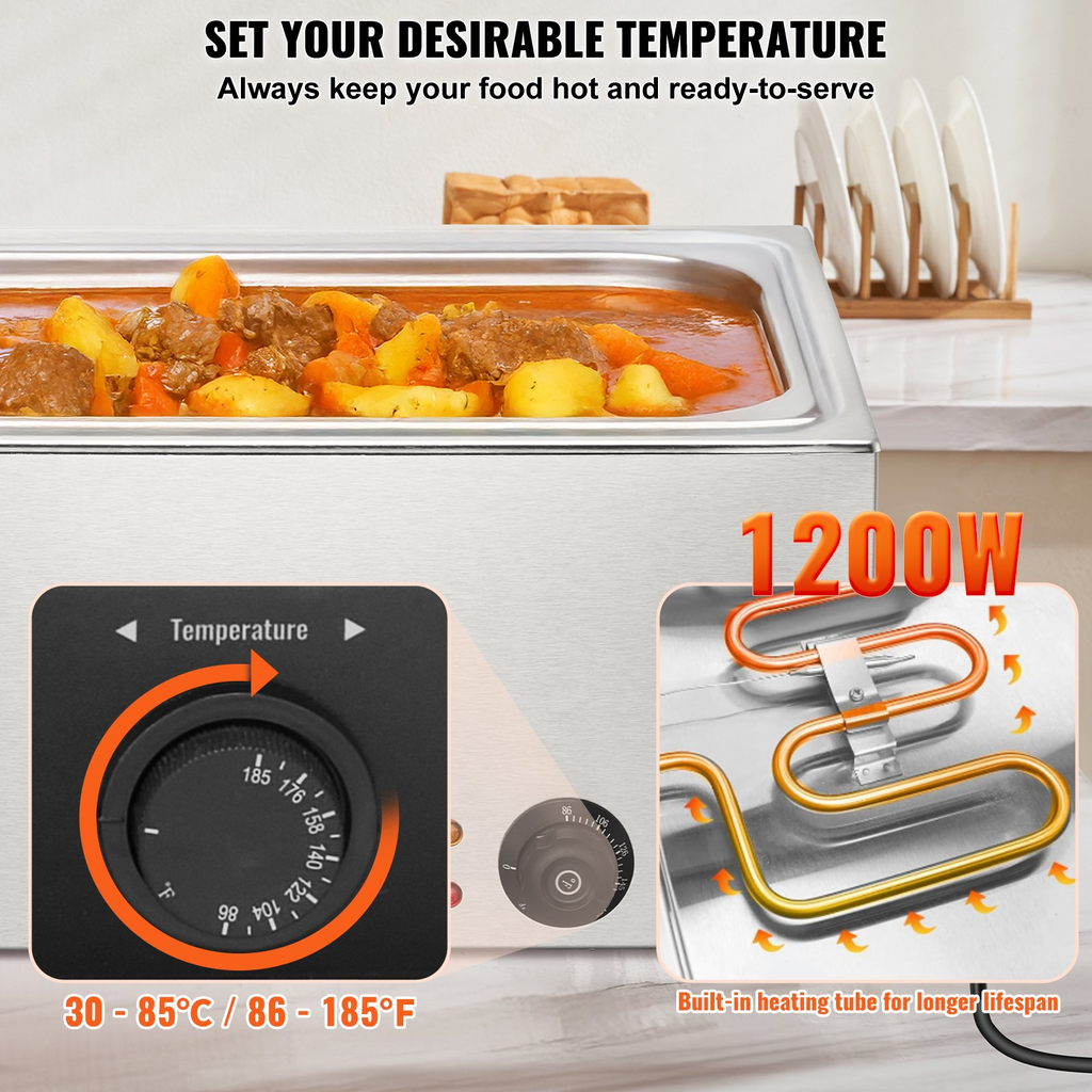 Calentador de alimentos eléctrico comercial VEVOR para encimera 19 cuartos de galón 1200 W