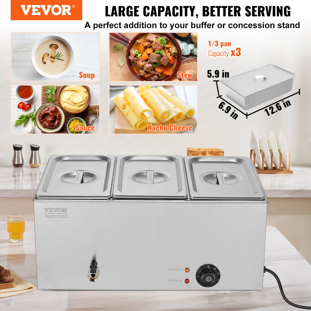 Calentador de alimentos eléctrico comercial VEVOR 3 sartenes 17,4 qt baño maría
