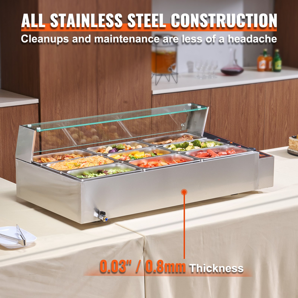 Calentador de alimentos eléctrico comercial VEVOR para mostrador tipo buffet de 9 x 5 cuartos con protector de vidrio