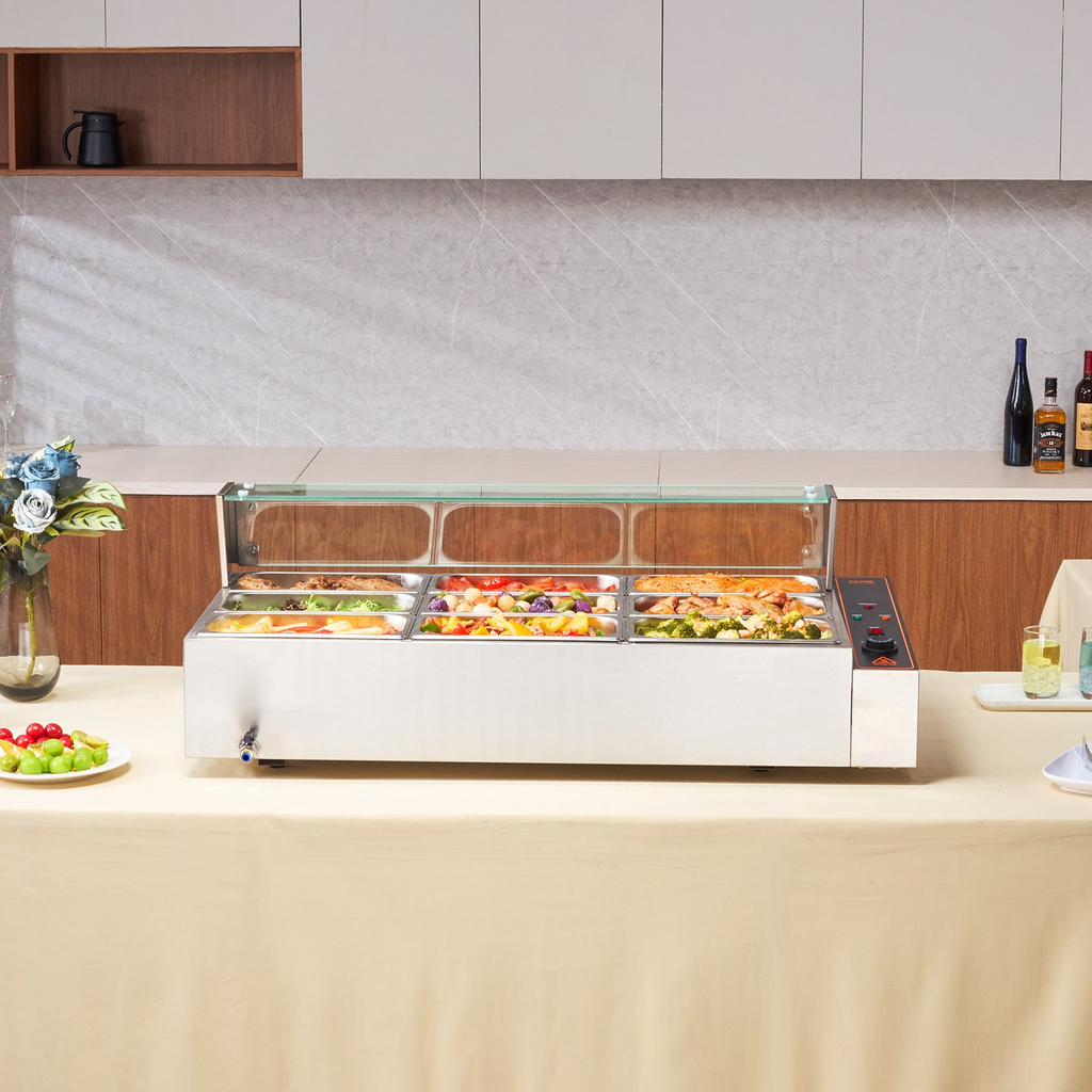 Calentador de alimentos eléctrico comercial VEVOR para mostrador tipo buffet de 9 x 5 cuartos con protector de vidrio
