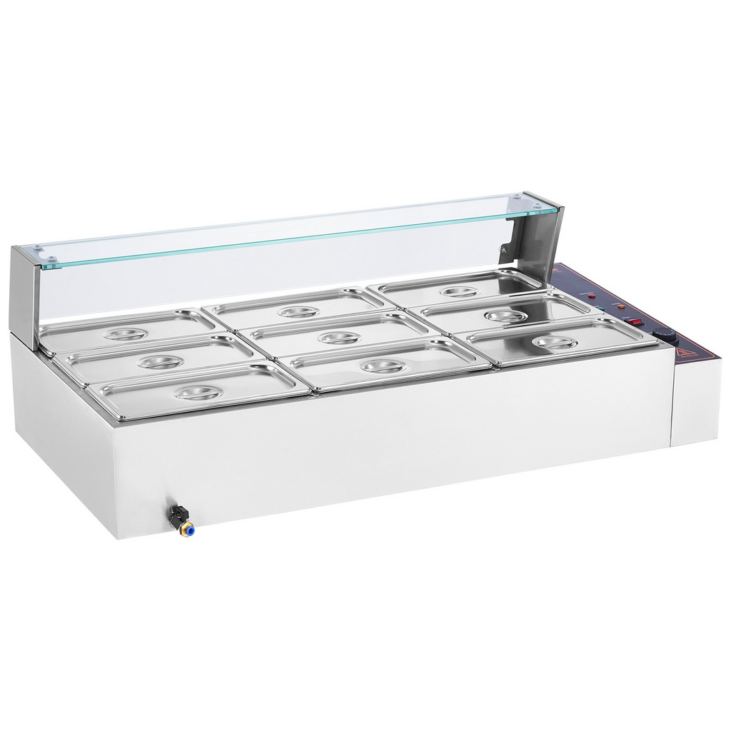 Calentador de alimentos eléctrico comercial VEVOR para mostrador tipo buffet de 9 x 5 cuartos con protector de vidrio