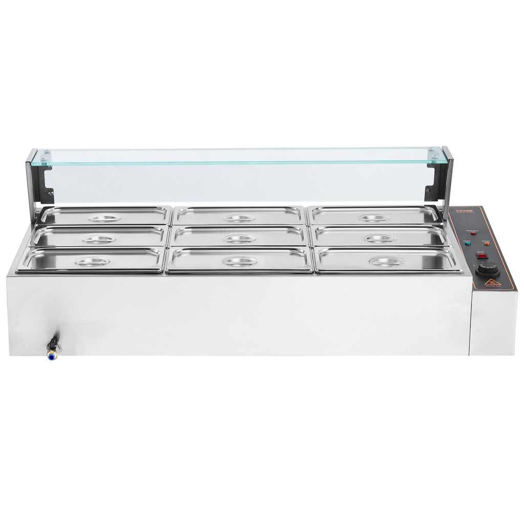 Calentador de alimentos eléctrico comercial VEVOR para mostrador tipo buffet de 9 x 5 cuartos con protector de vidrio