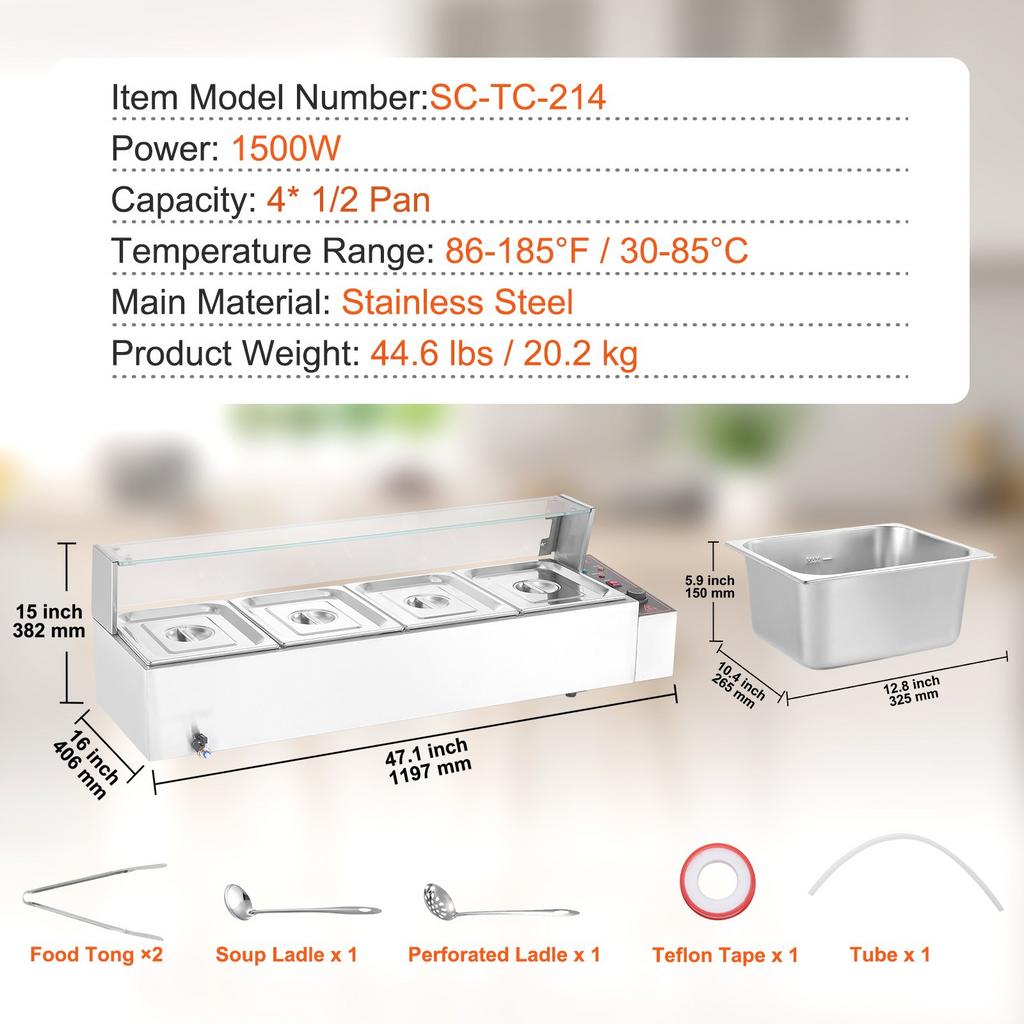 Calentador de alimentos eléctrico comercial VEVOR para mostrador tipo buffet de 4 x 8 cuartos con protector de vidrio
