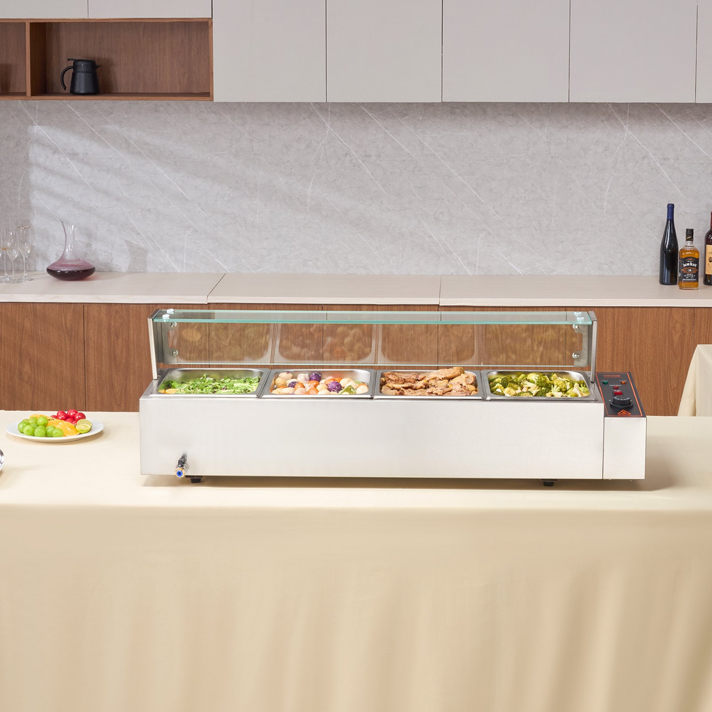 Calentador de alimentos eléctrico comercial VEVOR para mostrador tipo buffet de 4 x 8 cuartos con protector de vidrio