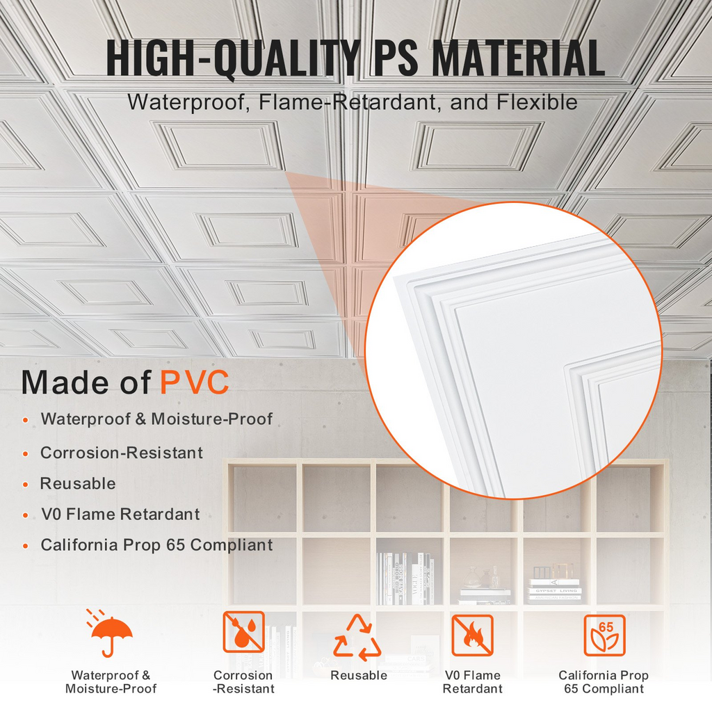 Paneles de techo VEVOR paquete de 12, 24 x 24 pulgadas PVC fácil instalación diseño geométrico blanco