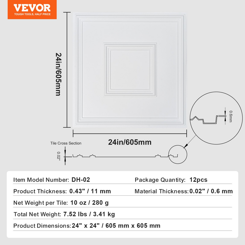Paneles de techo VEVOR paquete de 12, 24 x 24 pulgadas PVC fácil instalación diseño geométrico blanco