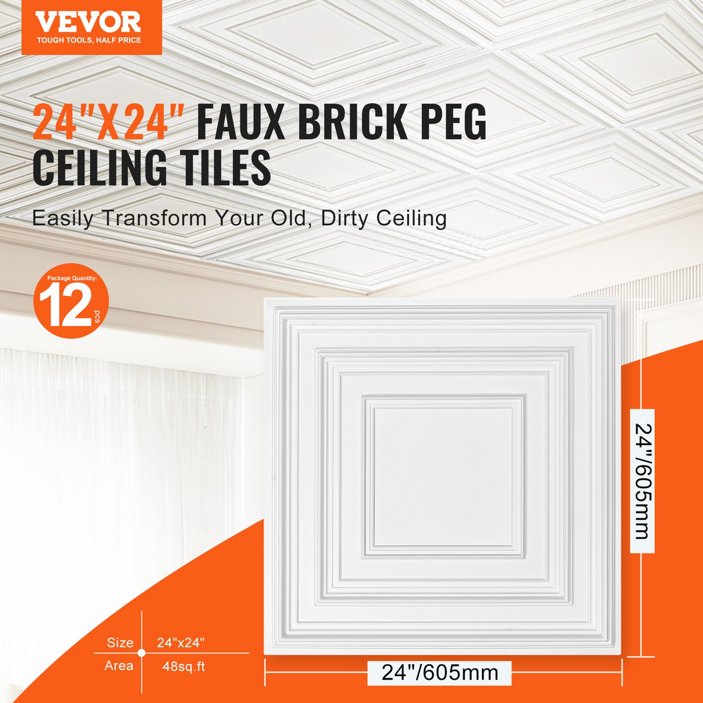Paneles de techo VEVOR paquete de 12 24 x 24 pulgadas PVC fácil instalación