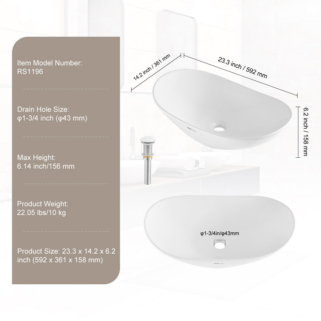 Lavabo de cerámica moderno VEVOR de 23,3" x 14,2" para baño encimera