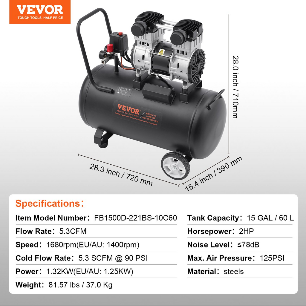 Compresor de aire VEVOR sin aceite de 15 galones 90 PSI