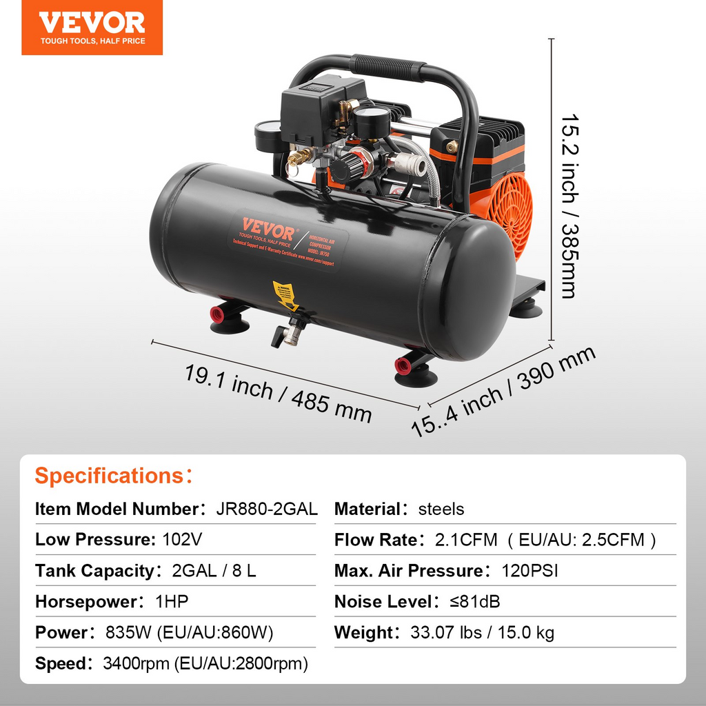 Compresor de aire VEVOR compacto portátil sin aceite 2 galones 8 bar