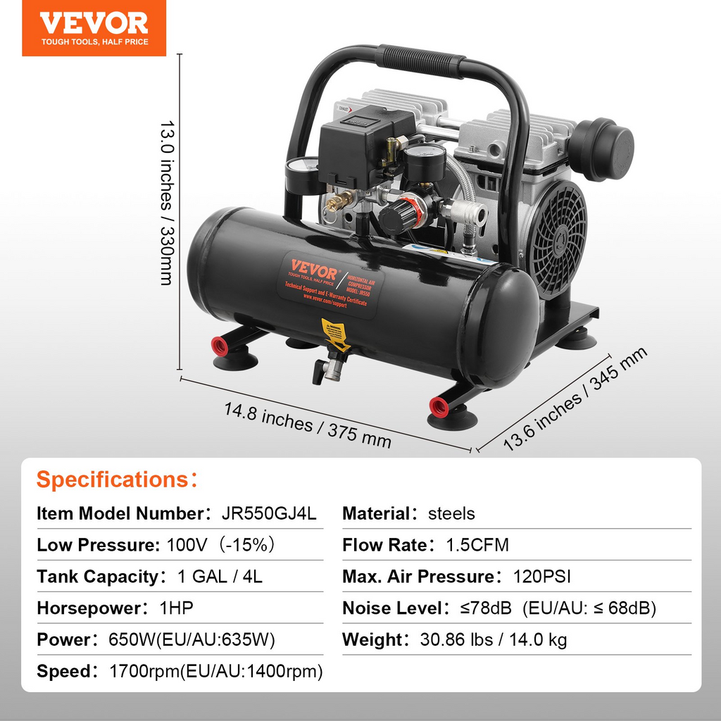 Compresor de aire VEVOR compacto portátil sin aceite 1 galón 90 PSI