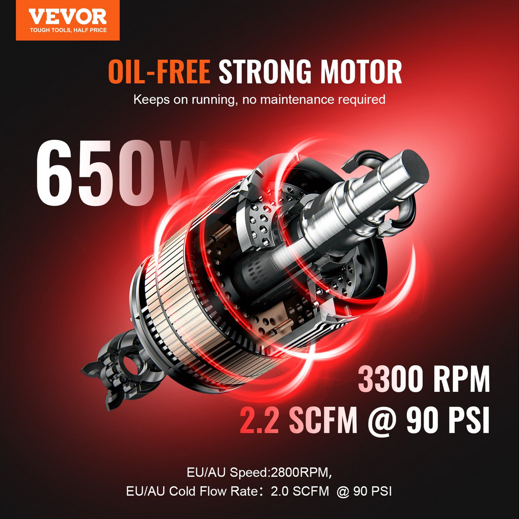 Compresor de aire VEVOR compacto portátil sin aceite 8 galones 90 PSI