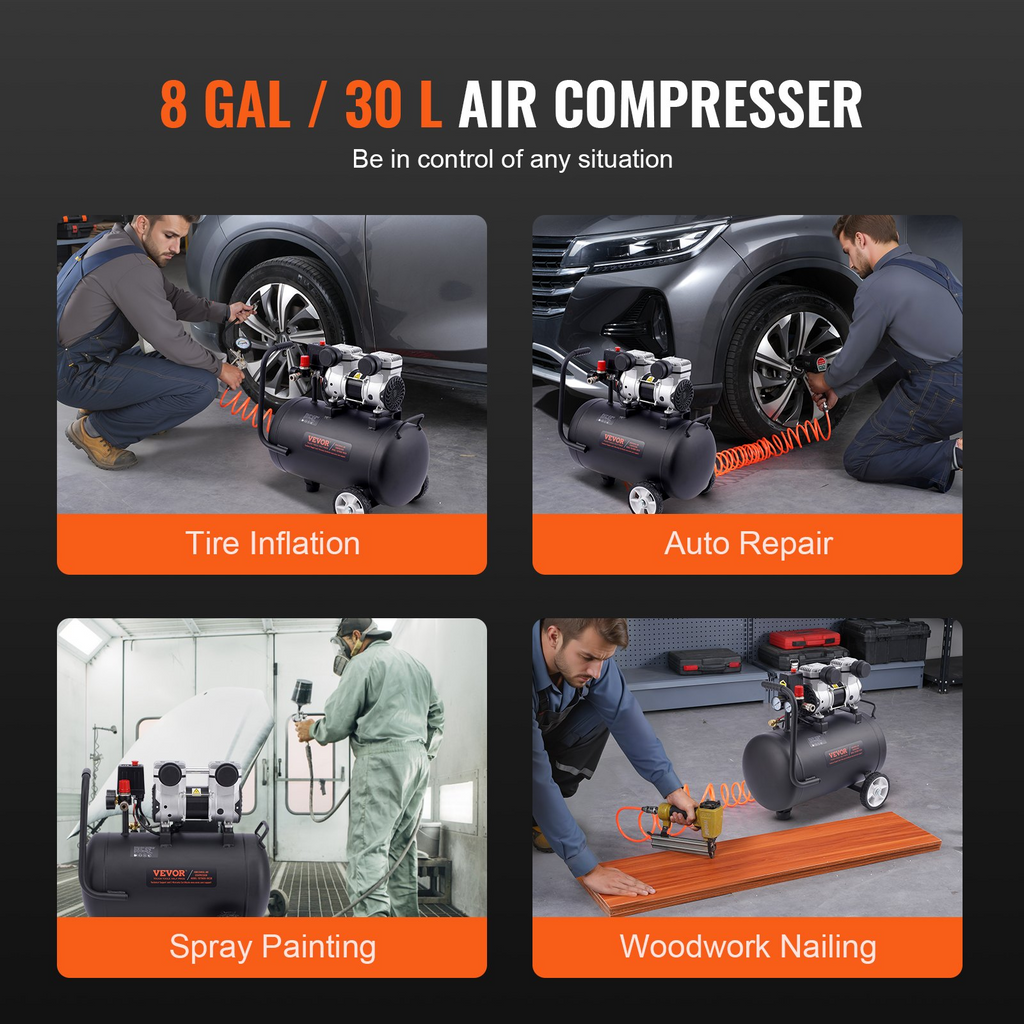 Compresor de aire VEVOR compacto portátil sin aceite 8 galones 90 PSI