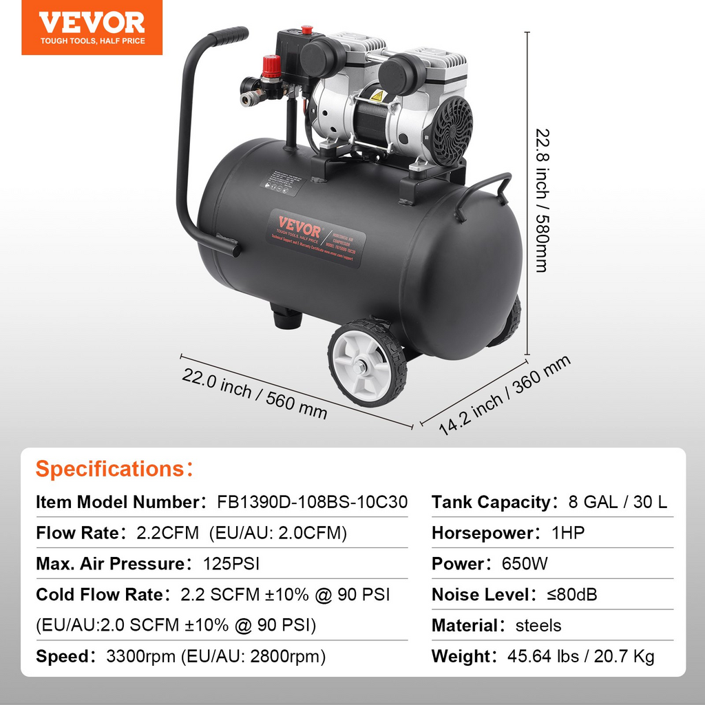 Compresor de aire VEVOR compacto portátil sin aceite 8 galones 90 PSI