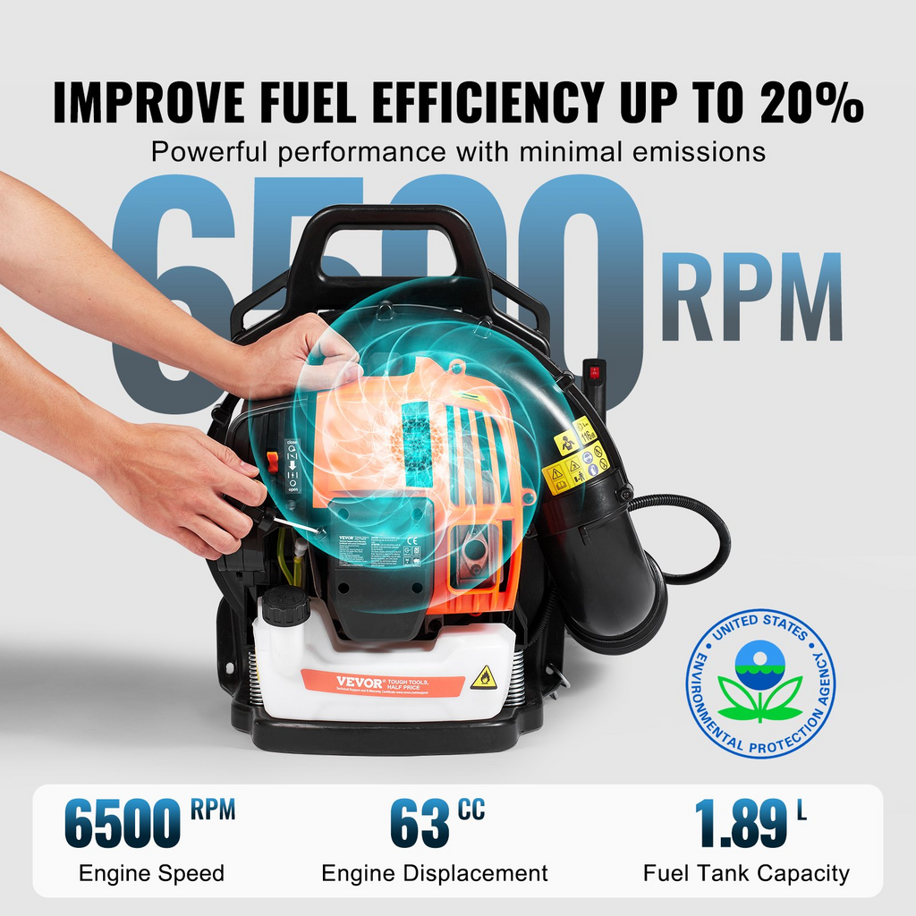 Soplador de hojas de gasolina de 2 tiempos y 62 cc volumen de aire de 1110 CFM